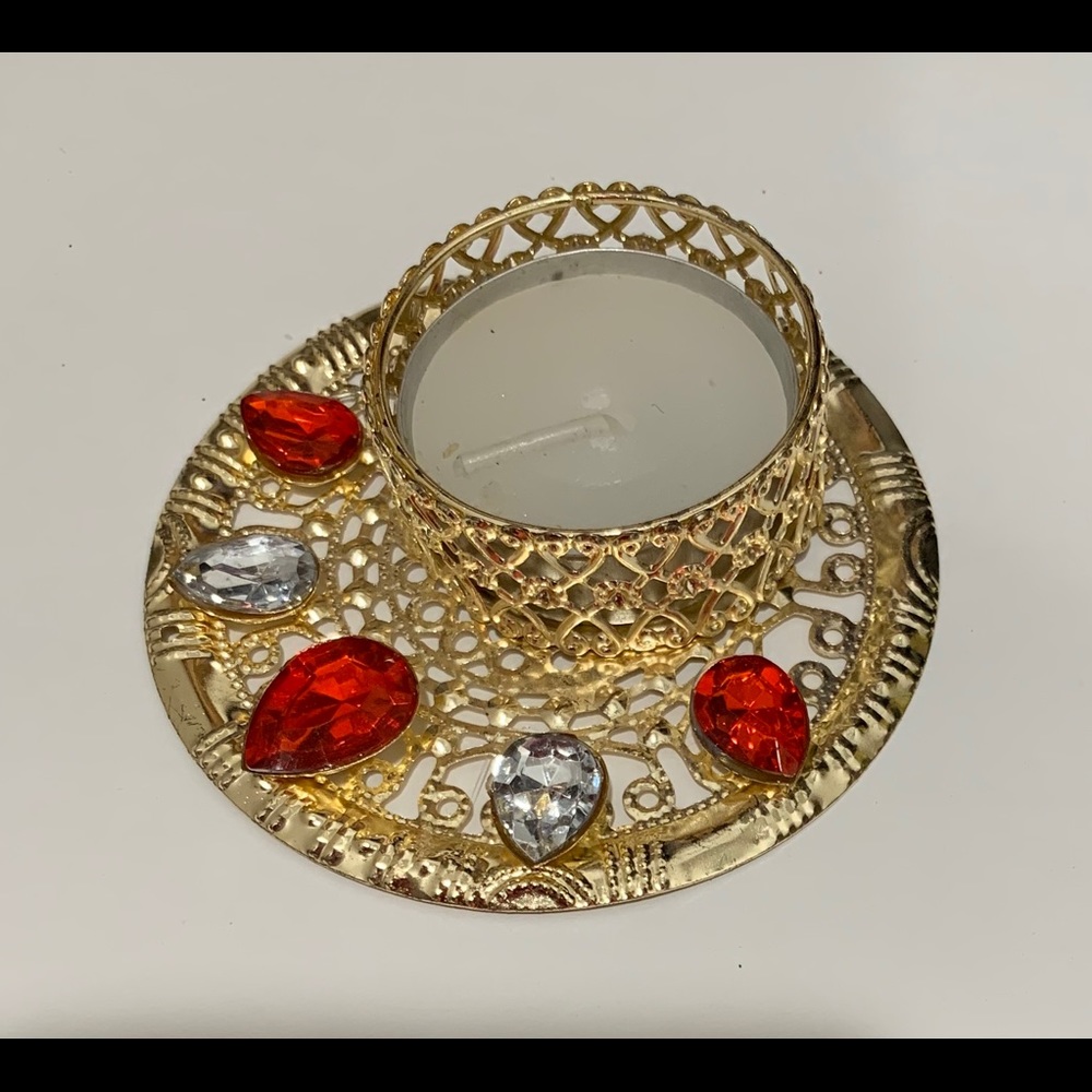 Gold plated metal & stones tealight candle holder